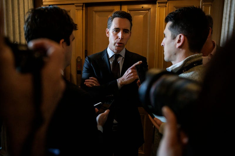 U.S. Senator Josh Hawley (R-MO) talks to reporters as he heads to the Senate floor for a vote on January 23, 2024 in Washington, DC. Negotiations over border security, military aid to Ukraine and Israel, and the government budget continue this week on Capitol Hill. 