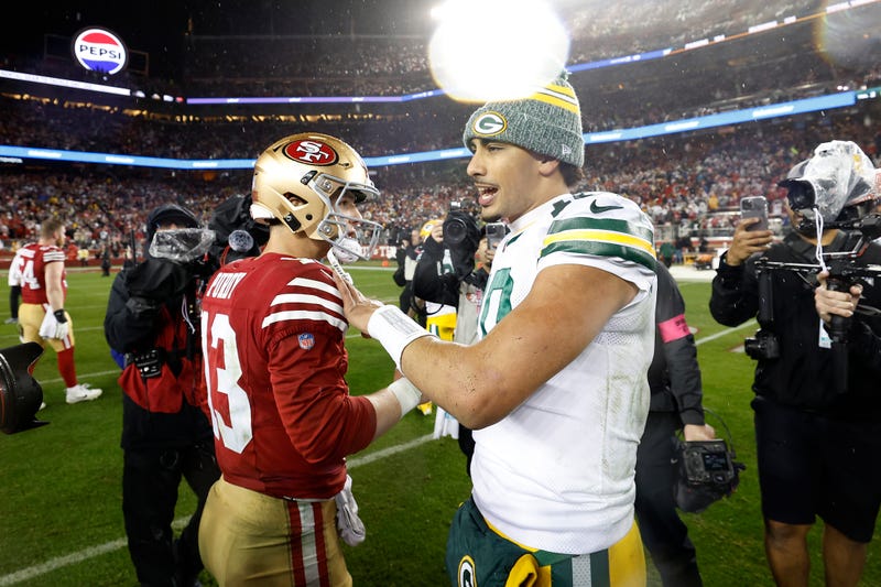 Brock Purdy, of the San Francisco 49ers, greets Jordan Love, of the Green Bay Packers, after the 49ers defeated the Packers 24-21 in the NFC Divisional Playoffs at Levi's Stadium on January 20, 2024.