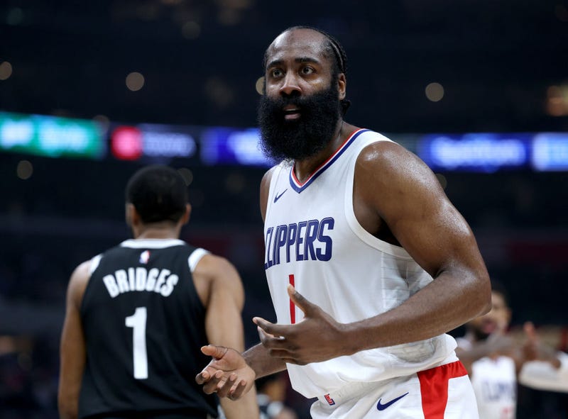 James Harden #1 of the LA Clippers reacts behind Mikal Bridges #1 of the Brooklyn Nets during a 125-114 Clippers win at Crypto.com Arena on January 21, 2024 in Los Angeles, California.