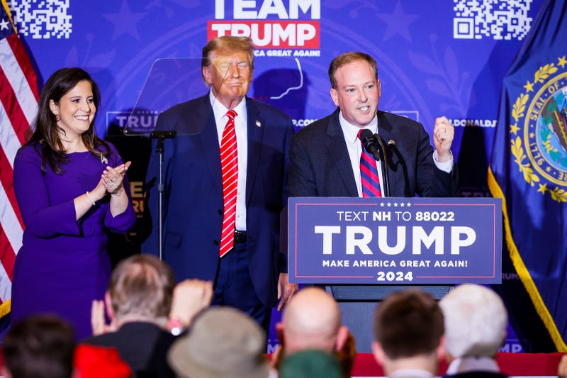 Congresswoman Elise Stefanik, left, and former Rep. Lee Zeldin endorse Donald Trump at a campaign event in January 2024