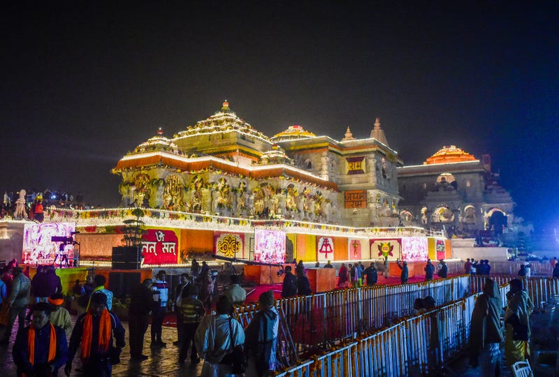 general view of the Ram Mandir on the day of its consecration ceremony January 22, 2024 in Ayodhya, India