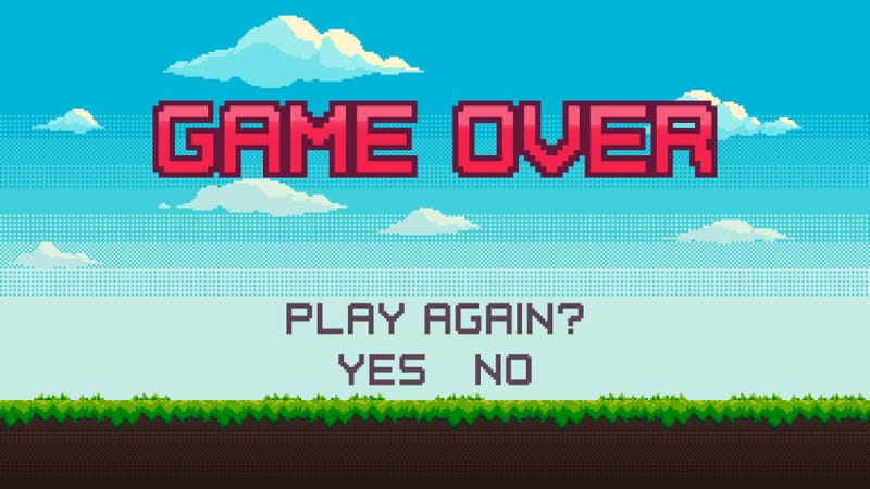 Game over pixel game background. Pixel art game scene with green grass against blue sky. Pixelated vector template for computer video game or app