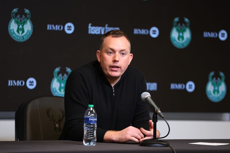 General manager Jon Horst of the Milwaukee Bucks speaks to the media about the dismissal of head coach Adrian Griffin prior to a game between the Milwaukee Bucks and the Cleveland Cavaliers at Fiserv Forum on January 24, 2024 in Milwaukee, Wisconsin.