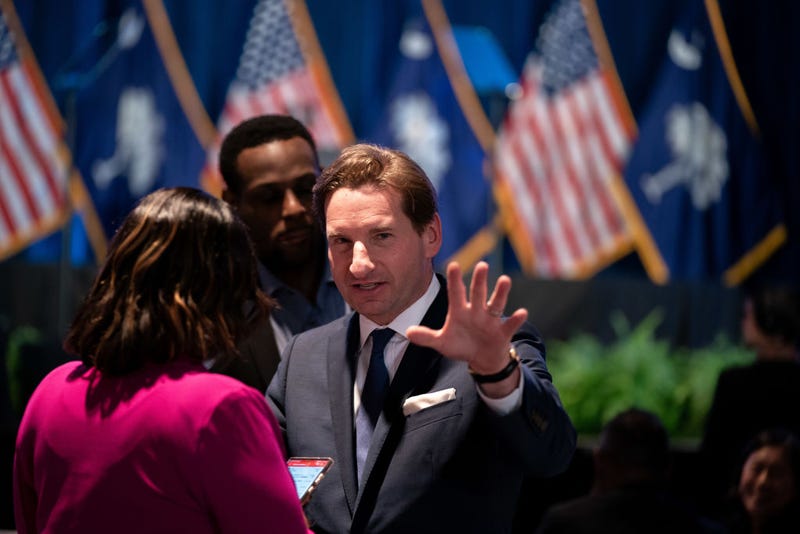 Democratic challenger U.S. Rep. Dean Phillips talks with people during the South Carolina Democratic Party First in the Nation Celebration and dinner at the state fairgrounds on January 27, 2024 in Columbia, South Carolina. 