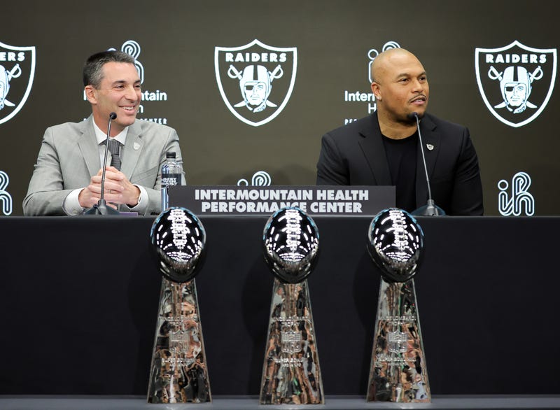 Tom Telesco (L) and Antonio Pierce attend a news conference introducing Telesco as the general manager and Pierce as the head coach of the Las Vegas Raiders