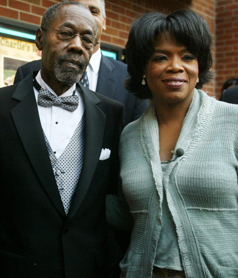 Vernon Winfrey and daughter Oprah Winfrey arrive at the opening of Charlie's War at the Nashville Film Festival at the Green Hills Regal Cinema May 2, 2003, in Nashville, Tennessee.