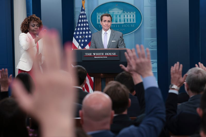 National Security Council Coordinator for Strategic Communications John Kirby (R) and White House press secretary Karine Jean-Pierre (L) answer questions during the daily White House press briefing on January 29, 2024 in Washington, DC