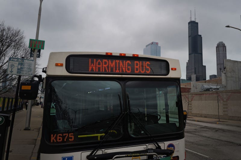 Busses used to warm migrants are parked in front of the "designated landing zone", an area that the city uses for receiving migrants being bussed up from Texas, on January 30, 2024 in Chicago, Illinois. After receiving the migrants at the landing zone, the city attempts to find housing, which may include housing them at 1 of 28 city-run migrant shelters. A recent mandate only allowed residents of these shelters to stay for 60 days, but after facing pressure from City Council members over concerns of evicting people in mid-Winter, Mayor Brandon Johnson pushed back the eviction mandate until March. (Photo by Scott Olson/Getty Images)