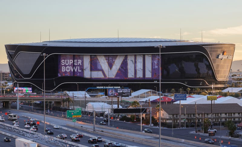 An exterior view shows signage for Super Bowl LVIII at Allegiant Stadium on Jan. 30, 2024, in Las Vegas, Nevada. The game will be played on Feb. 11, 2024, between the Kansas City Chiefs and the San Francisco 49ers.
