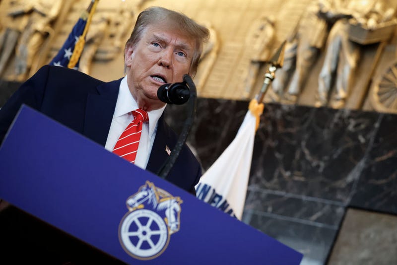 Republican presidential candidate and former U.S. President Donald Trump delivers remarks after meeting with leaders of the International Brotherhood of Teamsters at their headquarters on January 31, 2024 in Washington, DC. The United Auto Workers endorsed President Joe Biden's re-election campaign one week ago. (Photo by Chip Somodevilla/Getty Images)
