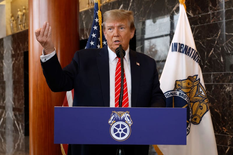 Republican presidential candidate and former U.S. President Donald Trump talks to reporters at the International Brotherhood of Teamsters headquarters on January 31, 2024 in Washington, DC. Trump met with leaders and members of the organized labor group while looking for union support after the United Auto Workers endorsed President Joe Biden's re-election campaign one week ago.