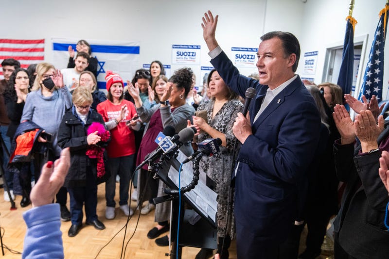 Former Rep. Tom Suozzi, Democratic candidate for New York's 3rd Congressional District, speaks during the "Women For Suozzi Rally," in Port Washington on Feb. 3, 2024.