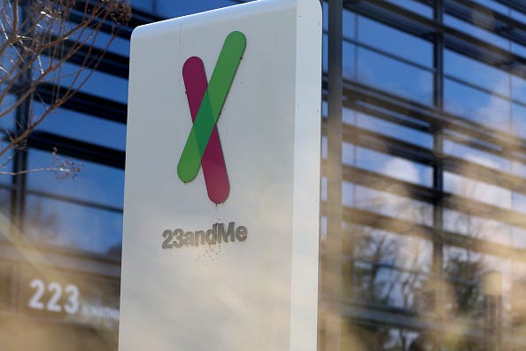 A sign is posted in front of the 23andMe headquarters on February 01, 2024 in Sunnyvale, California.