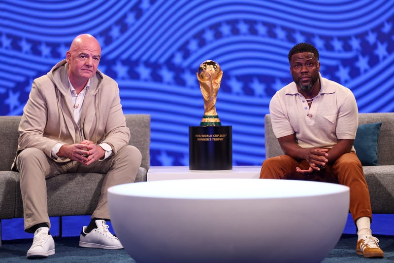 From left: FIFA President Gianni Infantino with Kevin Hart during the FIFA World Cup 2026 match schedule announcement on Sunday, in Miami, Florida.