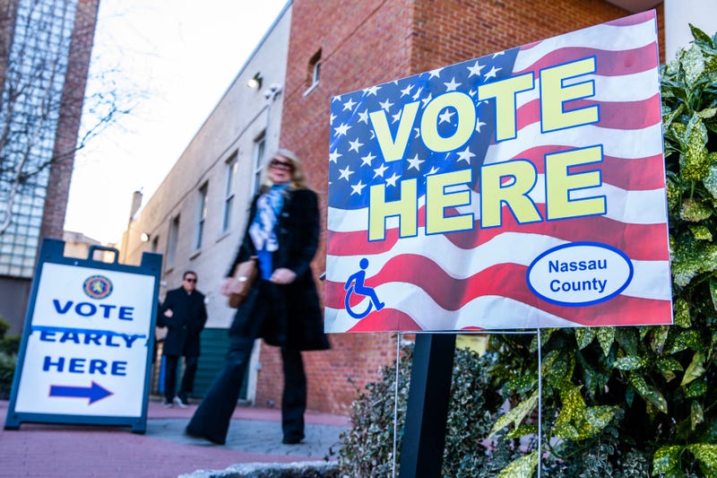 Voting signs are seen outside city hall for New York's 3rd Congressional District special election in Glen Cove, N.Y., on Sunday, February 4, 2024.