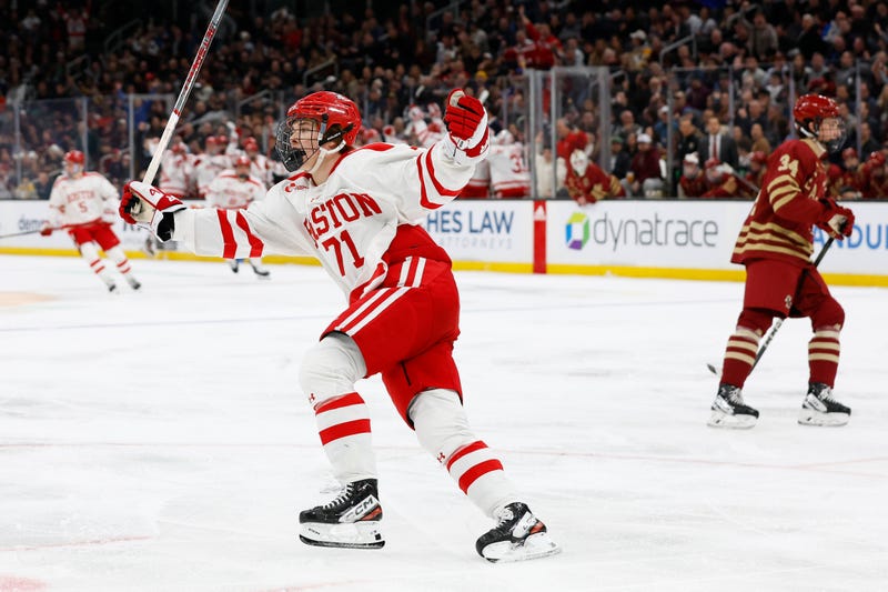 BOSTON, MA - FEBRUARY 05: Macklin Celebrini #71 of the Boston University Terriers celebrates his goal against the Boston College Eagles during the first period of the semifinals of the Beanpot Tournament at TD Garden on February 5, 2024 in Boston, Massachusetts.