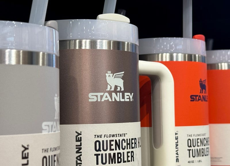 Stanley tumblers are displayed on a shelf at a Dick's Sporting Goods store on February 02, 2024 in Daly City, California. The wildly popular Stanley mugs are going viral again, this time many of the users are claiming that the products contain lead. (Photo by Justin Sullivan/Getty Images)