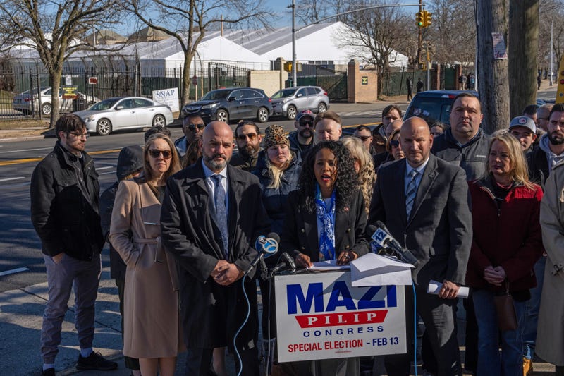 Congressional candidate for New York's 3rd District Mazi Pilip campaigns with Brandon Judd (Center Right), President of the National Border Patrol Council, on February 7, 2024, opposite Creedmoor migrant center in Queens