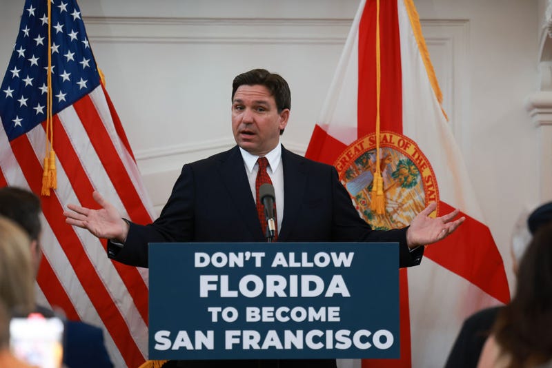 Florida Gov. Ron DeSantis speaks during a news conference on February 05, 2024 in Miami Beach, Florida. Among other topics, he addressed the upcoming influx of spring breakers and assured the public that law enforcement officials and resources were available to maintain order if needed. (Photo by Joe Raedle/Getty Images)