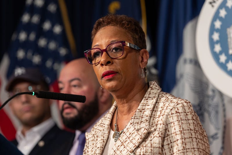 New York City Council Speaker Adrienne Adams speaking during a press conference on Dec. 20, 2023.