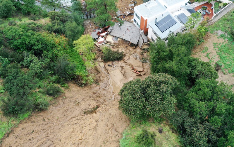An aerial view of a home destroyed by a mudslide as a powerful long-duration atmospheric river storm, the second in less than a week, continues to impact Southern California on February 5, 2024 in Los Angeles, California. No one was in the home at the time. The storm is delivering widespread flooding, landslides and power outages while dropping heavy rain and snow across the region.