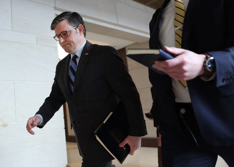 Speaker of the House Mike Johnson (R-LA) departs from a House Republican caucus meeting at the U.S. Capitol on February 06, 2024 in Washington, DC. The House of Representatives will hold votes later today on a resolution to impeach Homeland Security Secretary Alejandro Mayorkas. 