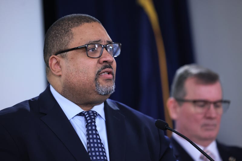 Manhattan District Attorney Alvin Bragg speaks during a press conference at the office of the District Attorneys on Feb. 8, 2024