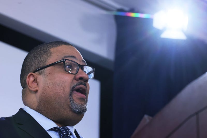 Manhattan District Attorney Alvin Bragg speaks during a press conference at the office of the District Attorneys on Feb. 8, 2024.