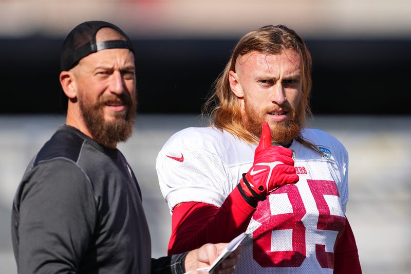 George Kittle #85 and tight ends coach Brian Fleury during San Francisco 49ers practice ahead of Super Bowl LVIII at Fertitta Football Complex on February 08, 2024 in Las Vegas, Nevada.