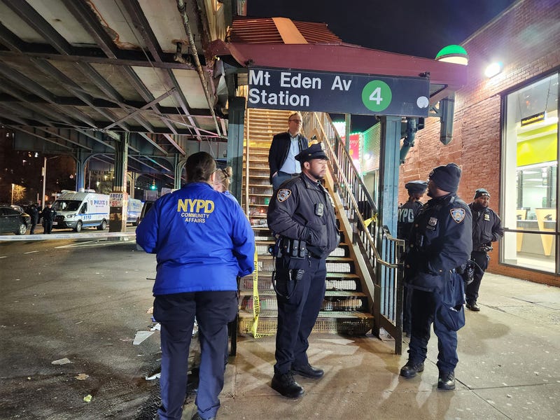 Members of the NYPD secure the scene of a shooting at the Mount Eden subway station on the No. 4 line in the Bronx on Feb. 12, 2024