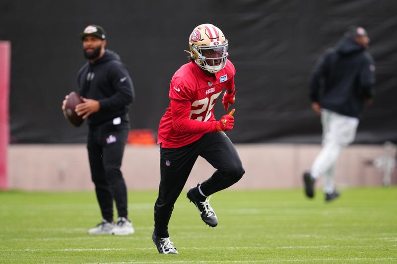 Darrell Luter Jr. #28 participates during San Francisco 49ers practice ahead of Super Bowl LVIII at Fertitta Football Complex on February 09, 2024 in Las Vegas, Nevada