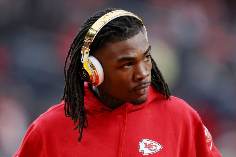 Rashee Rice #4 of the Kansas City Chiefs warms up before Super Bowl LVIII against the Kansas City Chiefs at Allegiant Stadium on February 11, 2024, in Las Vegas, Nevada.