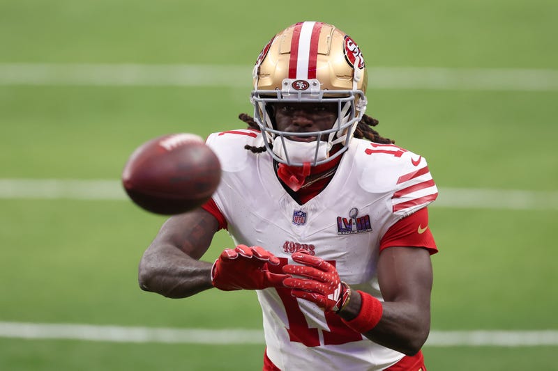 Brandon Aiyuk #11 of the San Francisco 49ers warms up prior to Super Bowl LVIII against the Kansas City Chiefs at Allegiant Stadium on February 11, 2024 in Las Vegas, Nevada