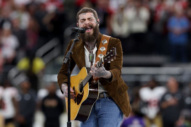 American rapper and singer Post Malone performs prior to Super Bowl LVIII