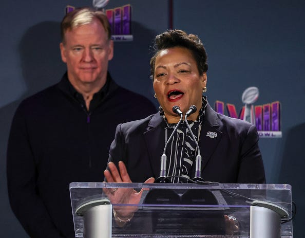 NFL Commissioner Roger Goodell (L) looks on as New Orleans Mayor LaToya Cantrell speaks during a Super Bowl Host Committee handoff news conference at the Mandalay Bay Convention Center on February 12, 2024 in Las Vegas, Nevada. 