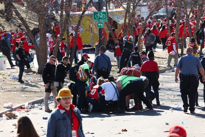 Law enforcement and medical personnel respond to a shooting at Union Station during the Kansas City Chiefs Super Bowl LVIII victory parade on February 14, 2024 in Kansas City, Missouri. 