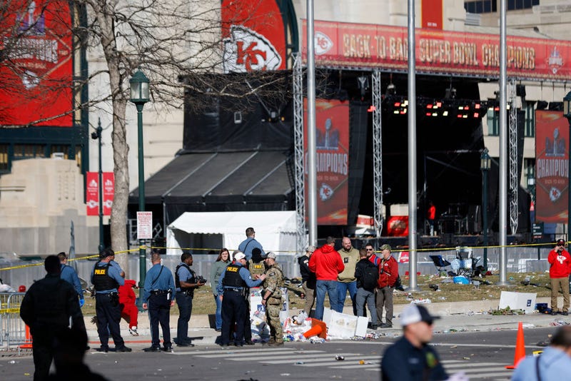 Law enforcement respond to a shooting at Union Station during the Kansas City Chiefs Super Bowl LVIII victory parade on February 14, 2024 in Kansas City, Missouri. Several people were shot and two people were detained after a rally celebrating the Chiefs Super Bowl victory. 