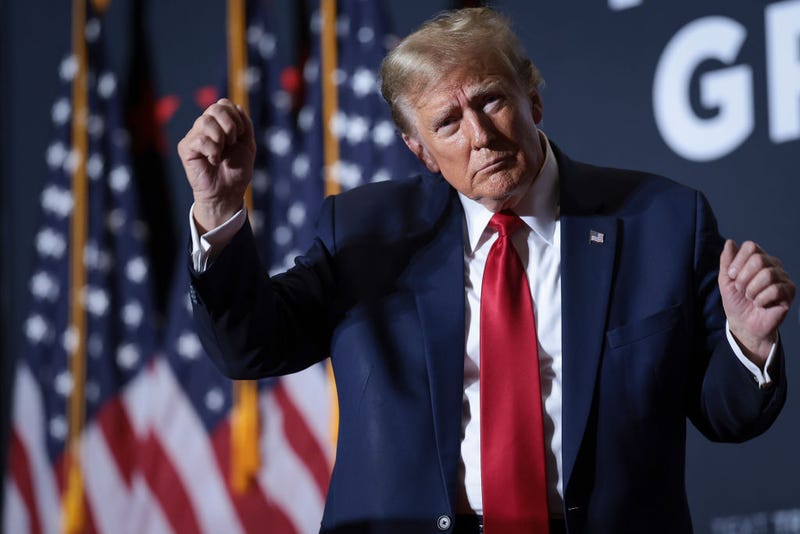 Republican presidential candidate, former U.S. President Donald Trump dances after speaking at a Get Out The Vote rally at the North Charleston Convention Center on February 14, 2024 in North Charleston, South Carolina. South Carolina holds its Republican primary on February 24. 
