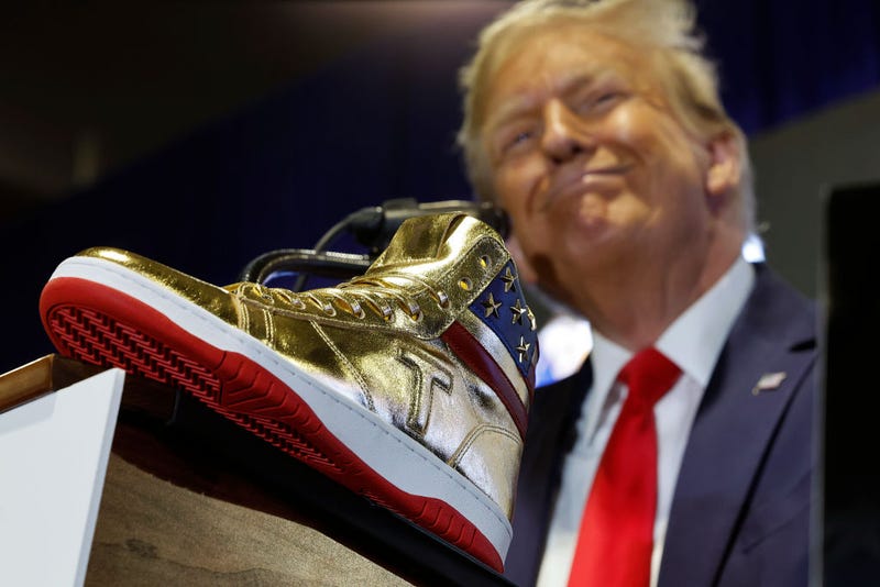 Republican presidential candidate and former President Donald Trump delivers remarks while introducing a new line of signature shoes at Sneaker Con at the Philadelphia Convention Center on February 17, 2024 in Philadelphia, Pennsylvania. 