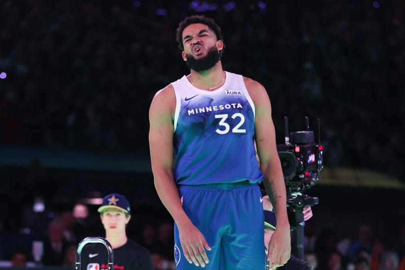 Karl-Anthony Towns #32 of the Minnesota Timberwolves reacts in the 2024 Starry 3-Point Contest during the State Farm All-Star Saturday Night at Lucas Oil Stadium on February 17, 2024 in Indianapolis, Indiana.