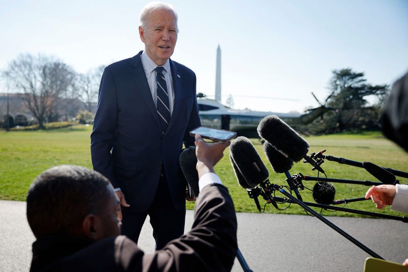 U.S. President Joe Biden talks briefly with reporters after returning to the White House on February 19, 2024 in Washington, DC. Biden and first lady Jill Biden returned to the White House after spending the weekend in Delaware.