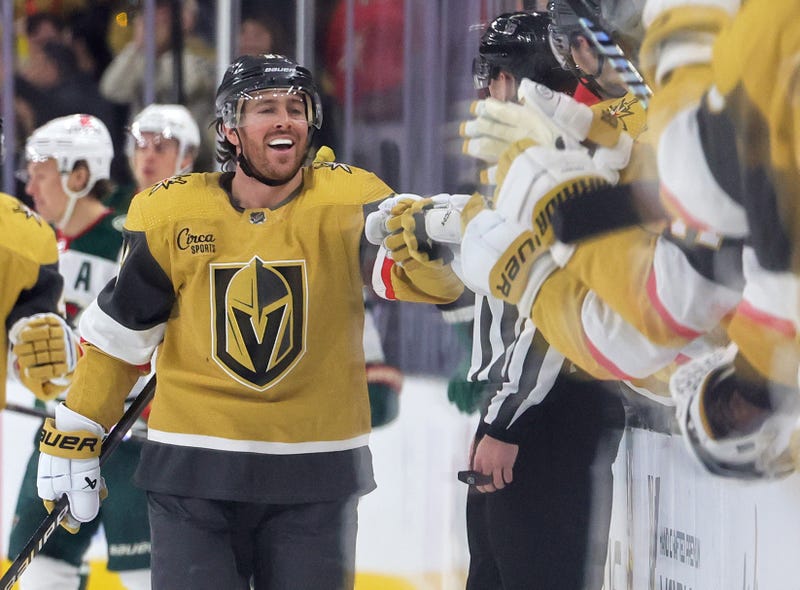 nathan Marchessault #81 of the Vegas Golden Knights celebrates with teammates on the bench after scoring a first-period goal against the Minnesota Wild