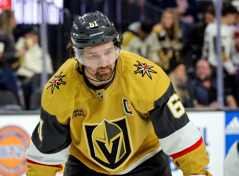 Mark Stone #61 of the Vegas Golden Knights waits for a faceoff in the second period of a game against the Minnesota Wild at T-Mobile Arena on February 12, 2024