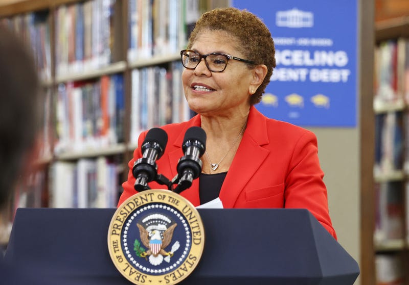 Los Angeles Mayor Karen Bass speaks before U.S. President Joe Biden delivered remarks on canceling student debt at Culver City Julian Dixon Library on February 21, 2024 in Culver City, California.