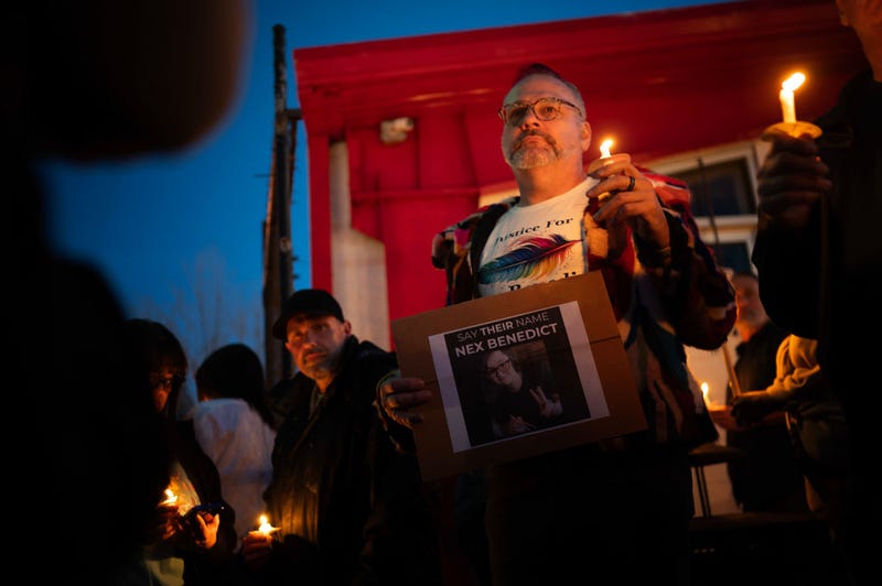 People attend a candlelight vigil for 16-year-old nonbinary student Nex Benedict on February 24, 2024 in Oklahoma City, Oklahoma. Benedict died one day after a physical altercation in an Owasso High School girls’ bathroom.