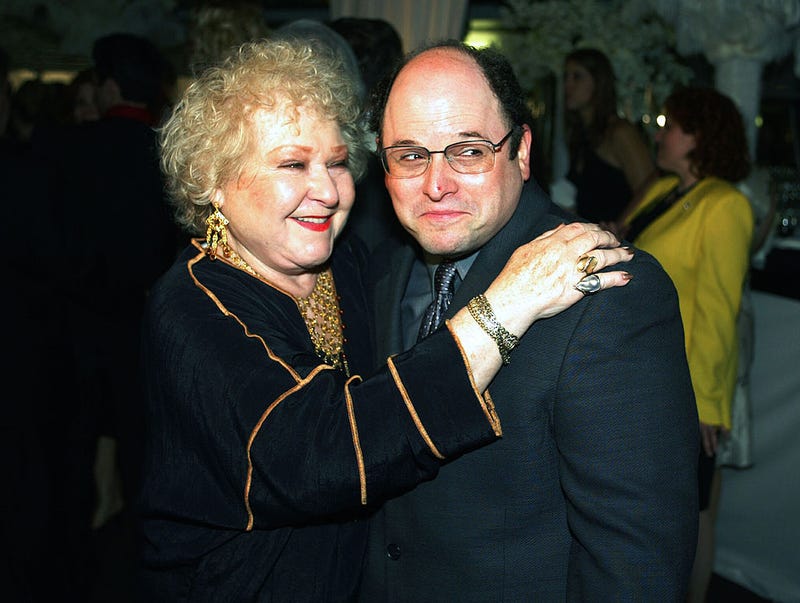 Actress Estelle Harris (L) and Jason Alexander greet each other at the after-party for "The Producers" at the Hollywood Palladium on May 29, 2003 in Los Angeles.  
