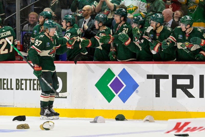 Kirill Kaprizov #97 of the Minnesota Wild celebrates his hat trick against the San Jose Sharks during the third period at Excel Energy Center on March 03, 2024 in St. Paul, Minnesota.