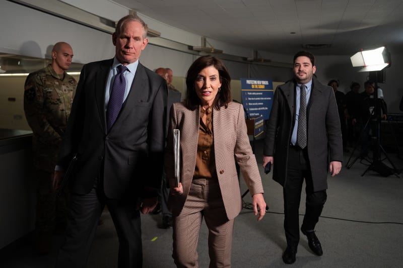 Gov. Kathy Hochul leaves after a press conference to announce new subway safety measures at the NYCTA Rail Control Center in Manhattan on March 6, 2024