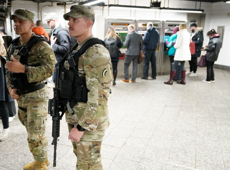 Members of the New York National Guard patrol the subway at Grand Central Terminal on March 7, 2024.