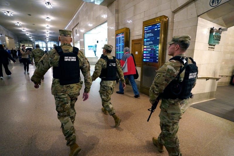 Members of the New York National Guard patrol the subway at Grand Central Terminal on March 7, 2024.